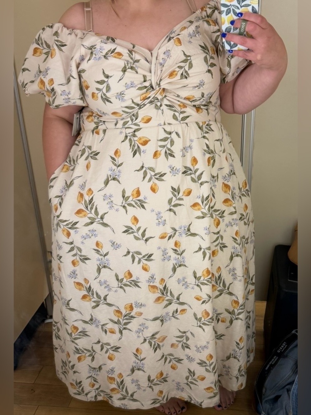 EUC LEA Size 1X Cream Lemon-Print Off-Shoulder Midi Dress